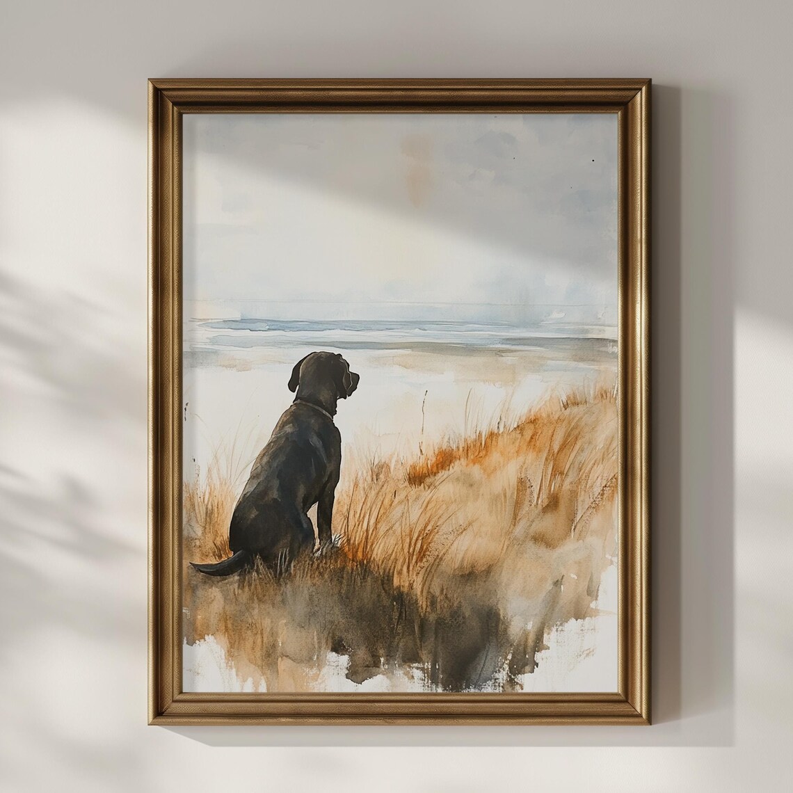 Black Labrador Dog Beach Watercolor Art Print