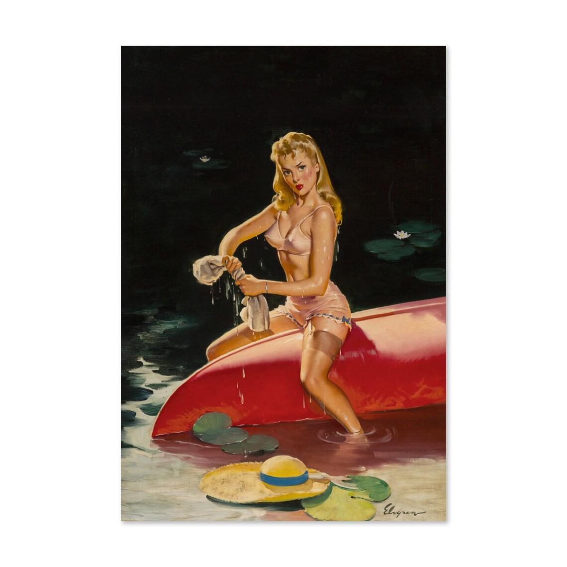 Elvgren Pin Up Girl Red Canoe Night Swim Lake Vintage Art Poster