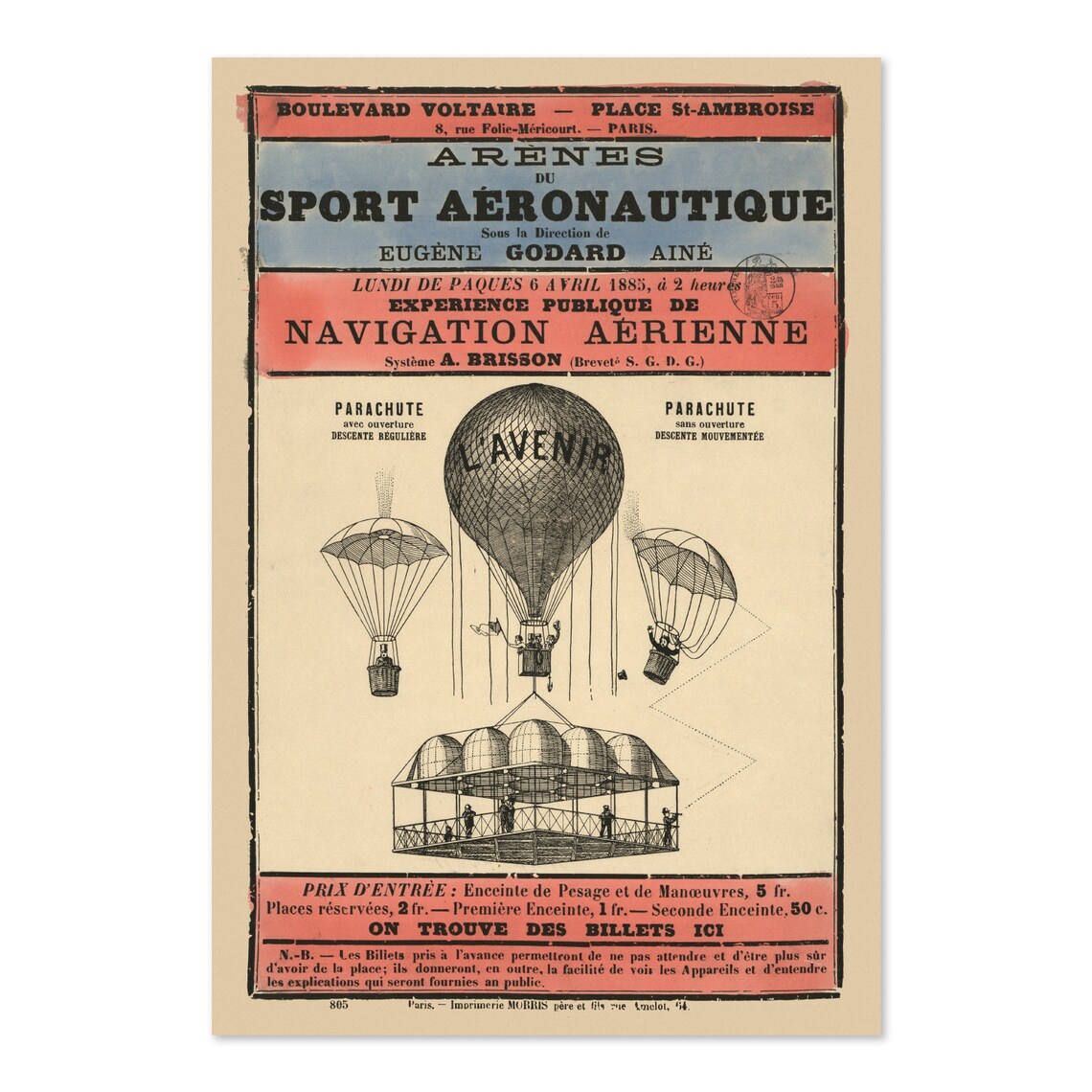 1885 Paris Hot Air Balloon Sport Aeronautique Aerial Navigation Poster