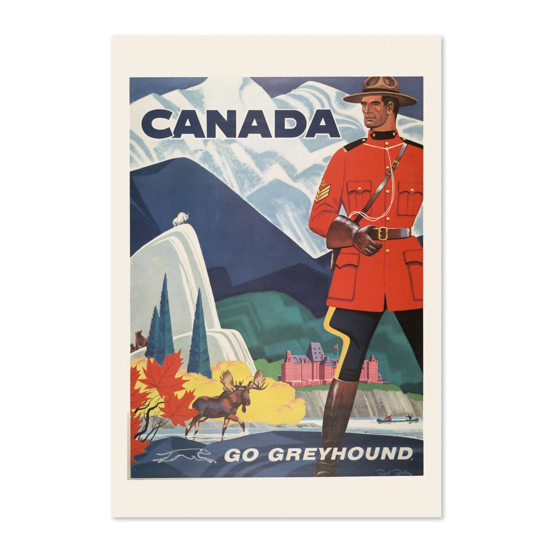 Canada Go Greyhound Mountie Moose Maple Leaf Vintage Travel Poster