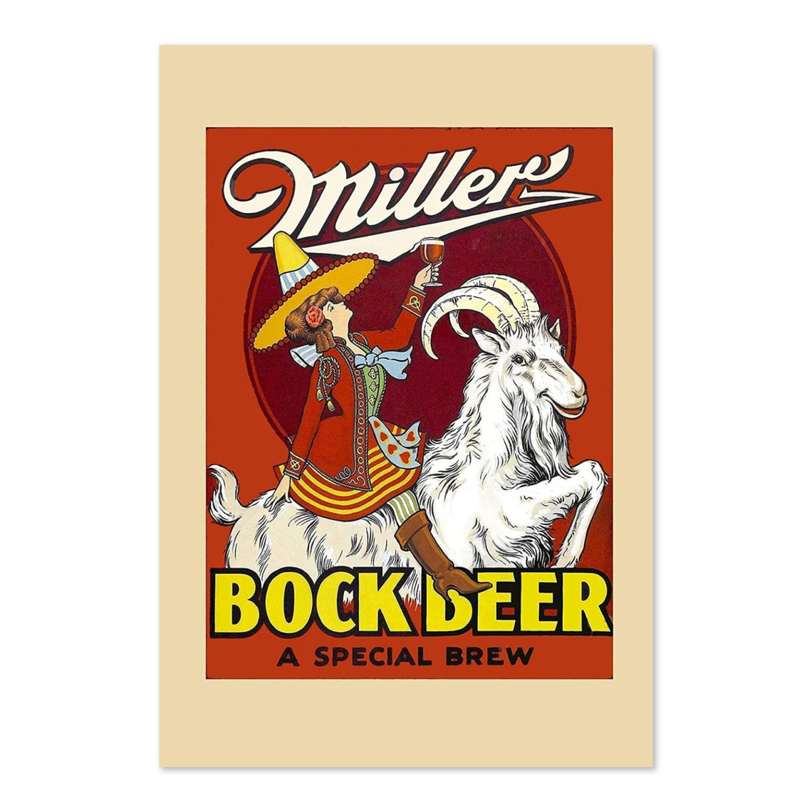 Miller Bock Beer Special Brew Vintage Mexican Goat Rider Poster