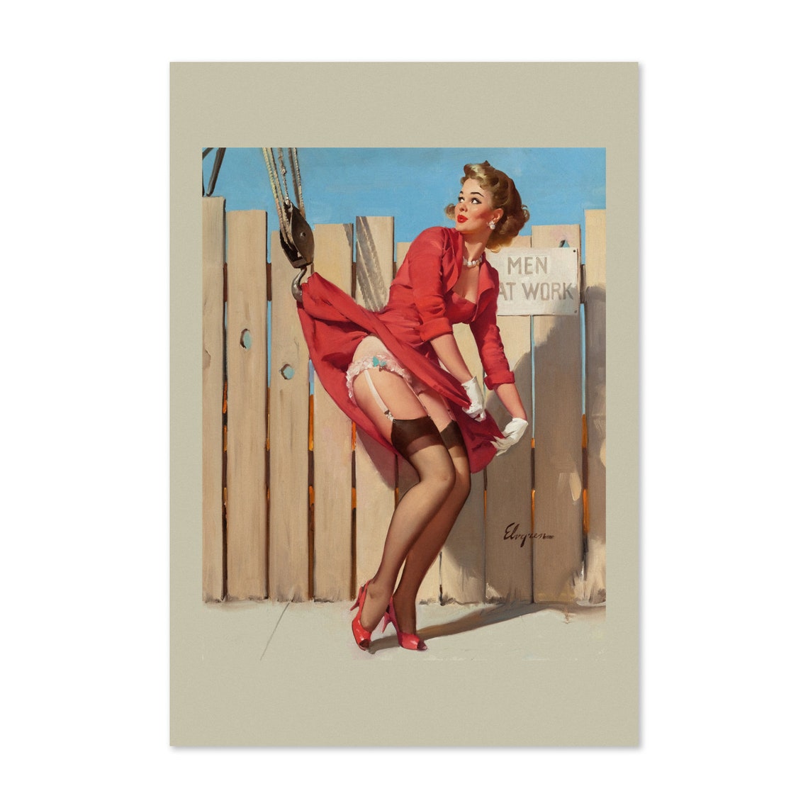 Gil Elvgren Vintage Unexpected Lift Construction Pin Up Girl Poster