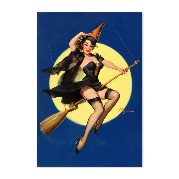 1950s Gil Elvgren Pinup Girl Poster Riding High Witch On A Broom For Gifts And Wall Art Dcor