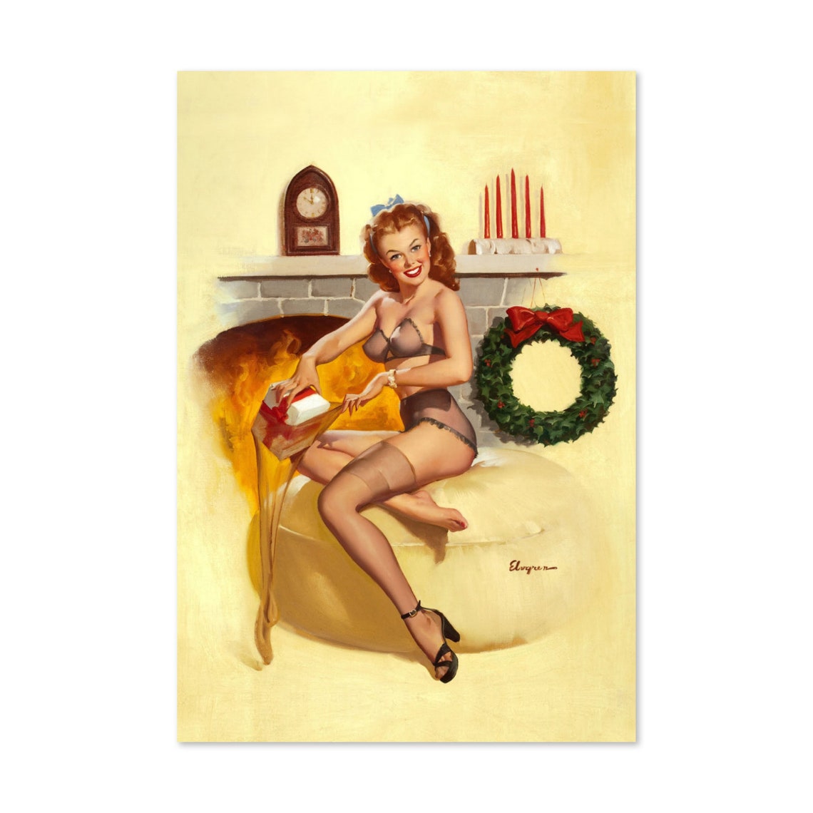 Gil Elvgren Redhead Christmas Stocking Stuffer Fireplace Poster