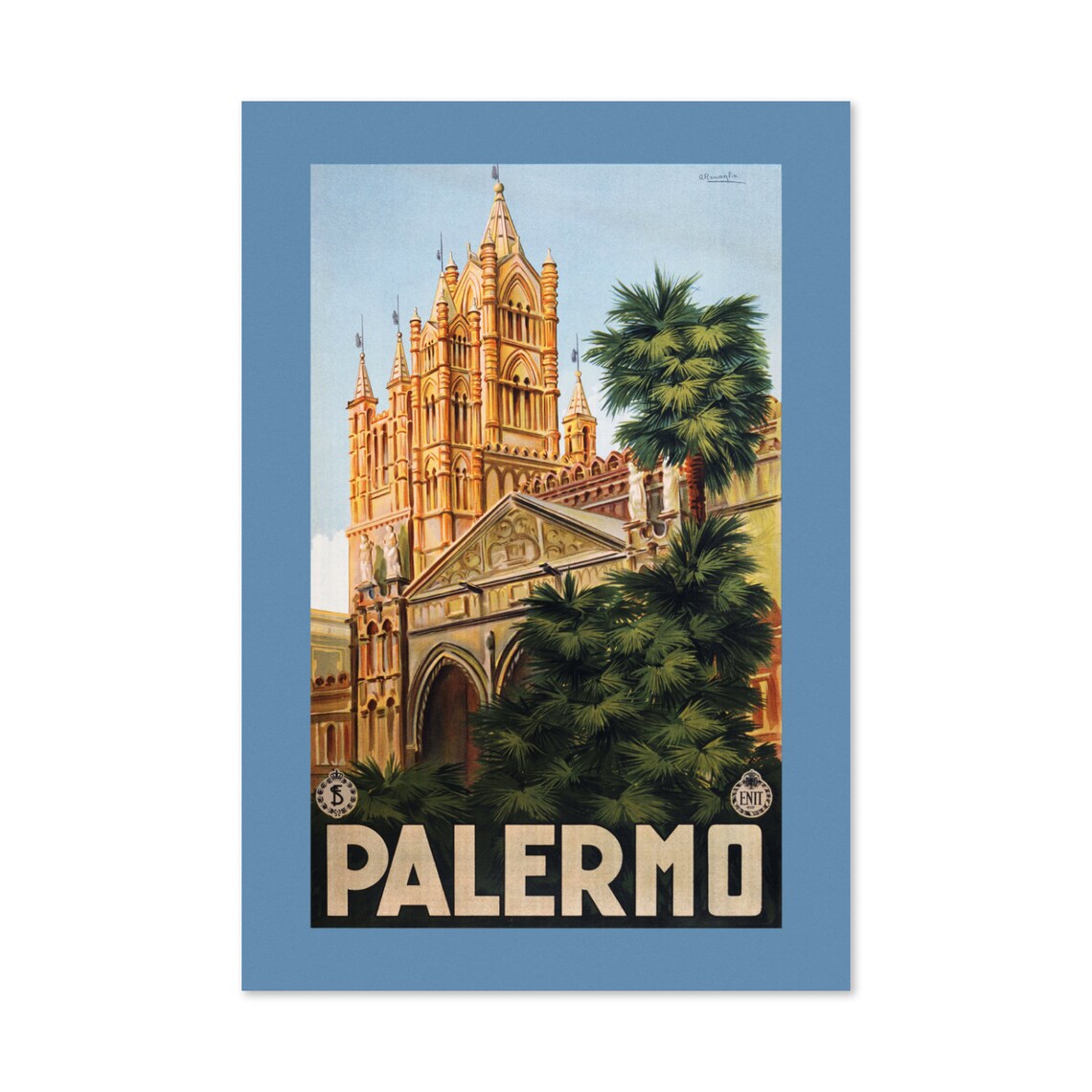 Palermo Sicily Cathedral Palm Trees Vintage Italian Travel Poster