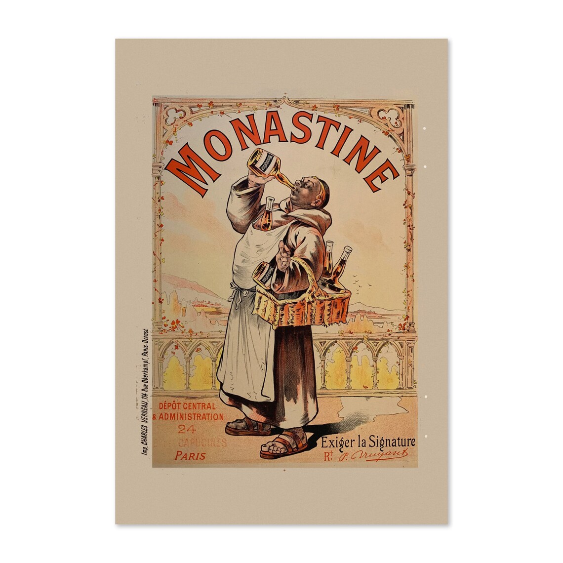 Monastine Monk Drinking French Liqueur Vintage Advertising Poster