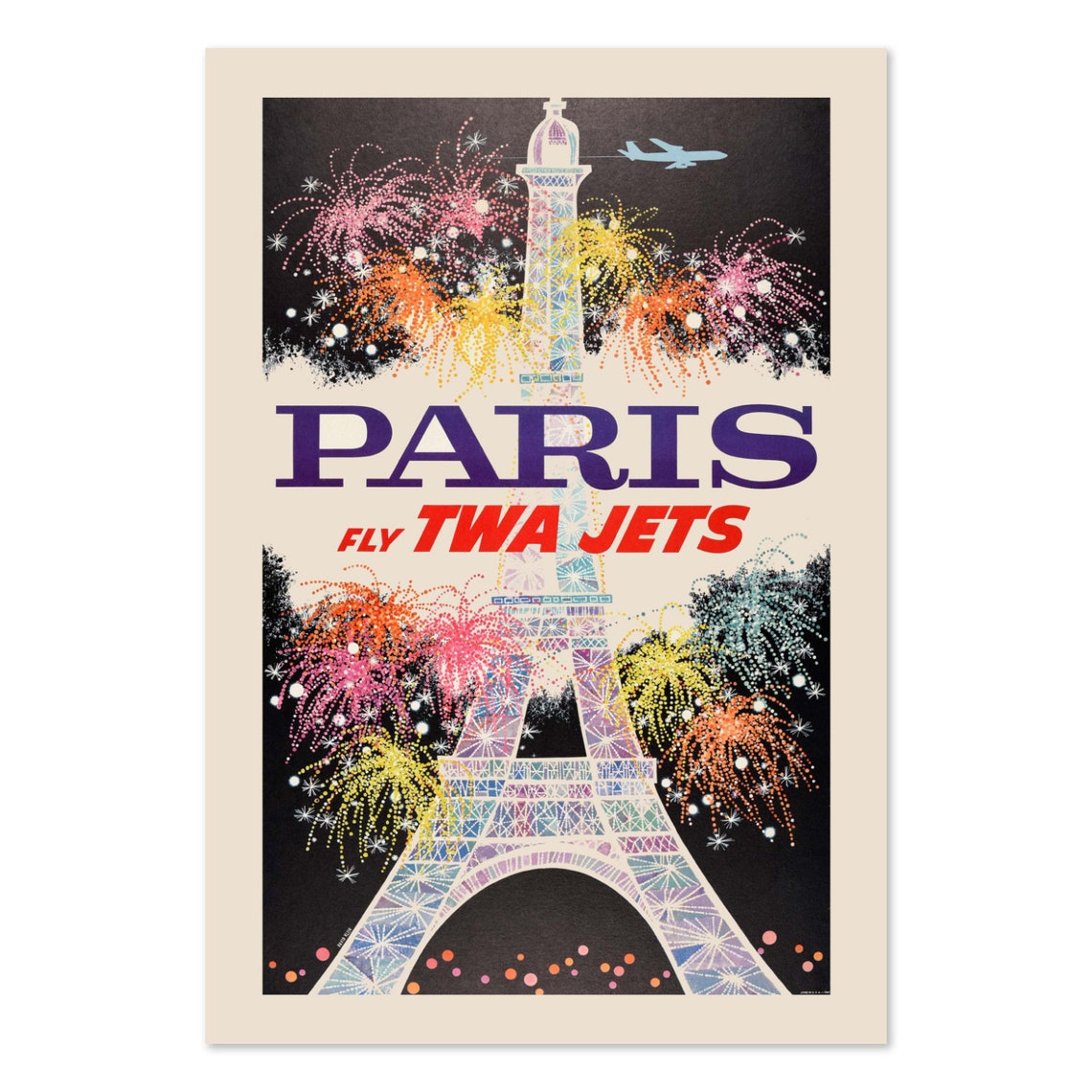 TWA Fly TWA Jets Paris Eiffel Tower Fireworks 1960s Airline Poster