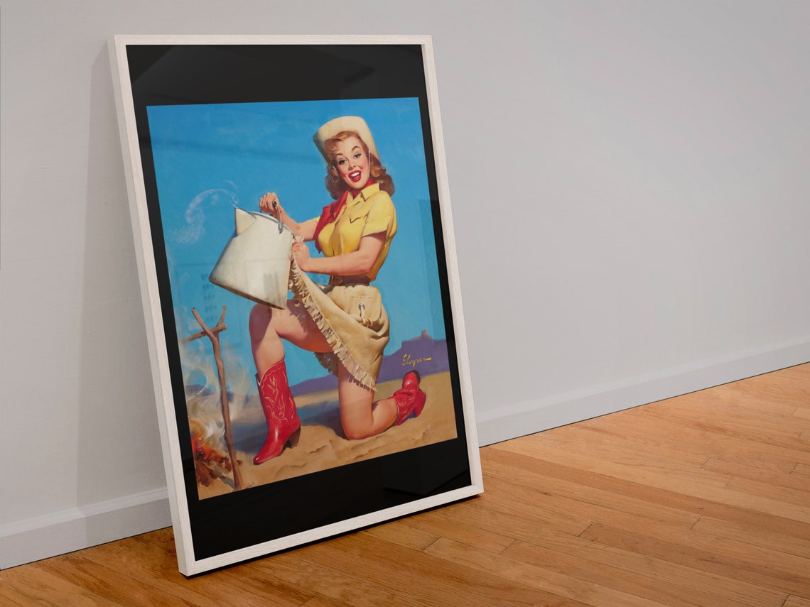 Elvgren Tops in Service Cowgirl Coffee Kettle Campfire Art Poster - Image 4