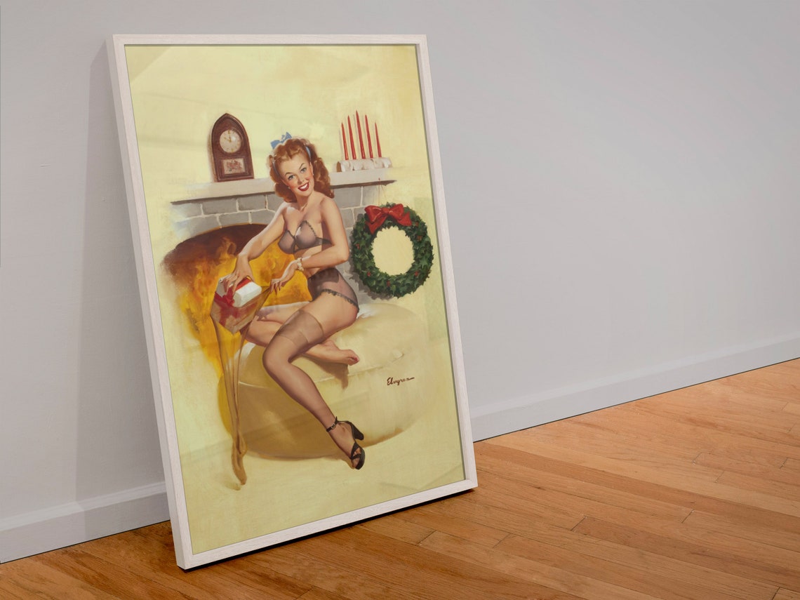 Gil Elvgren Redhead Christmas Stocking Stuffer Fireplace Poster - Image 4