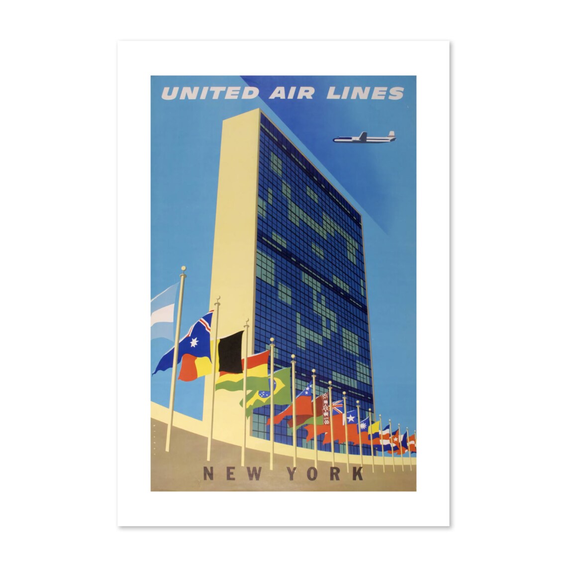 United Air Lines New York United Nations Building Vintage Poster