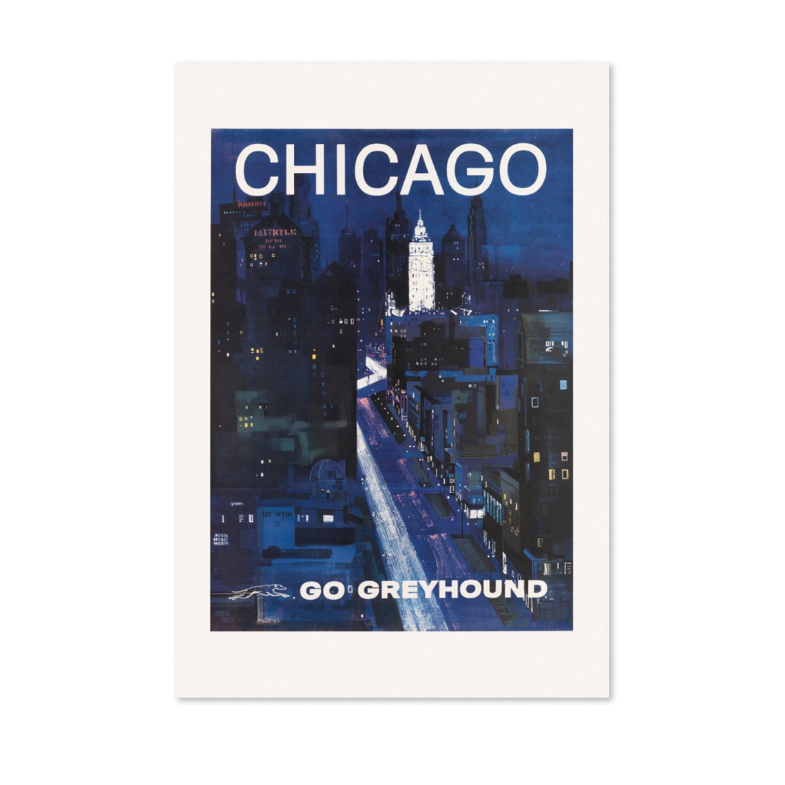 Chicago Go Greyhound Night Skyline Vintage Bus Travel Poster