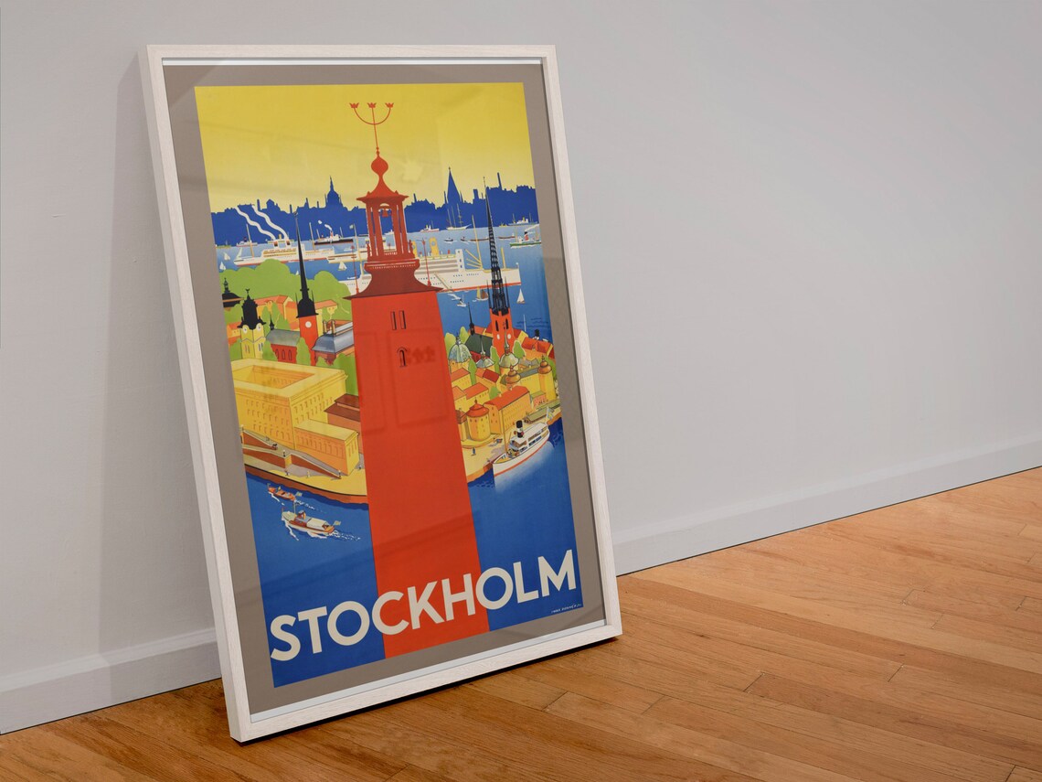 Stockholm Sweden Vintage Travel Poster City Hall Harbor View - Image 4