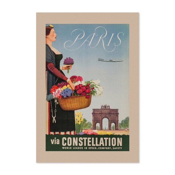 Paris via Constellation Vintage Airline Flower Girl Travel Poster