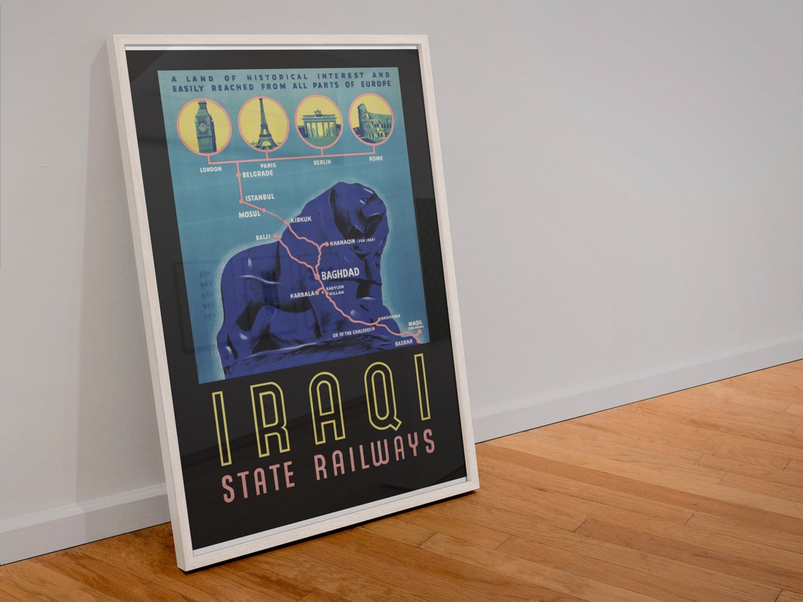 Iraqi State Railways Vintage Travel Poster Blue Lion Rail Map - Image 4