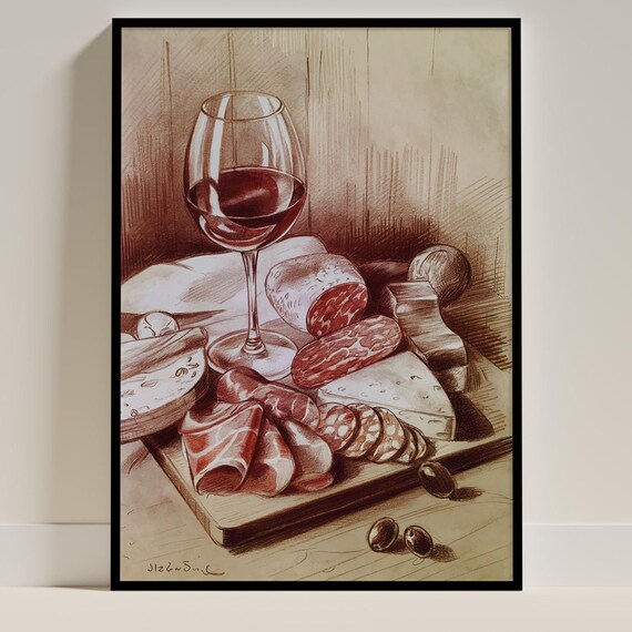 Charcuterie Board Red Wine Watercolour Illustration
