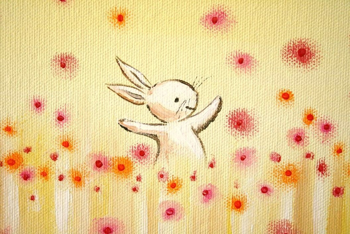 Happy White Bunny Jumping In Yellow Flower Field Spring Art Poster - Image 2