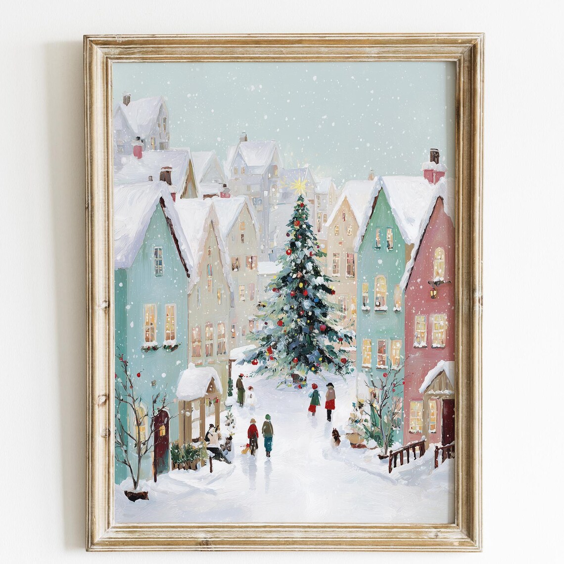 Christmas Village Street Big Tree Snowfall Festive Illustration Poster