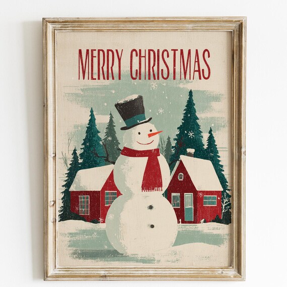 Merry Christmas Vintage Snowman Red Scarf Retro Holiday Poster