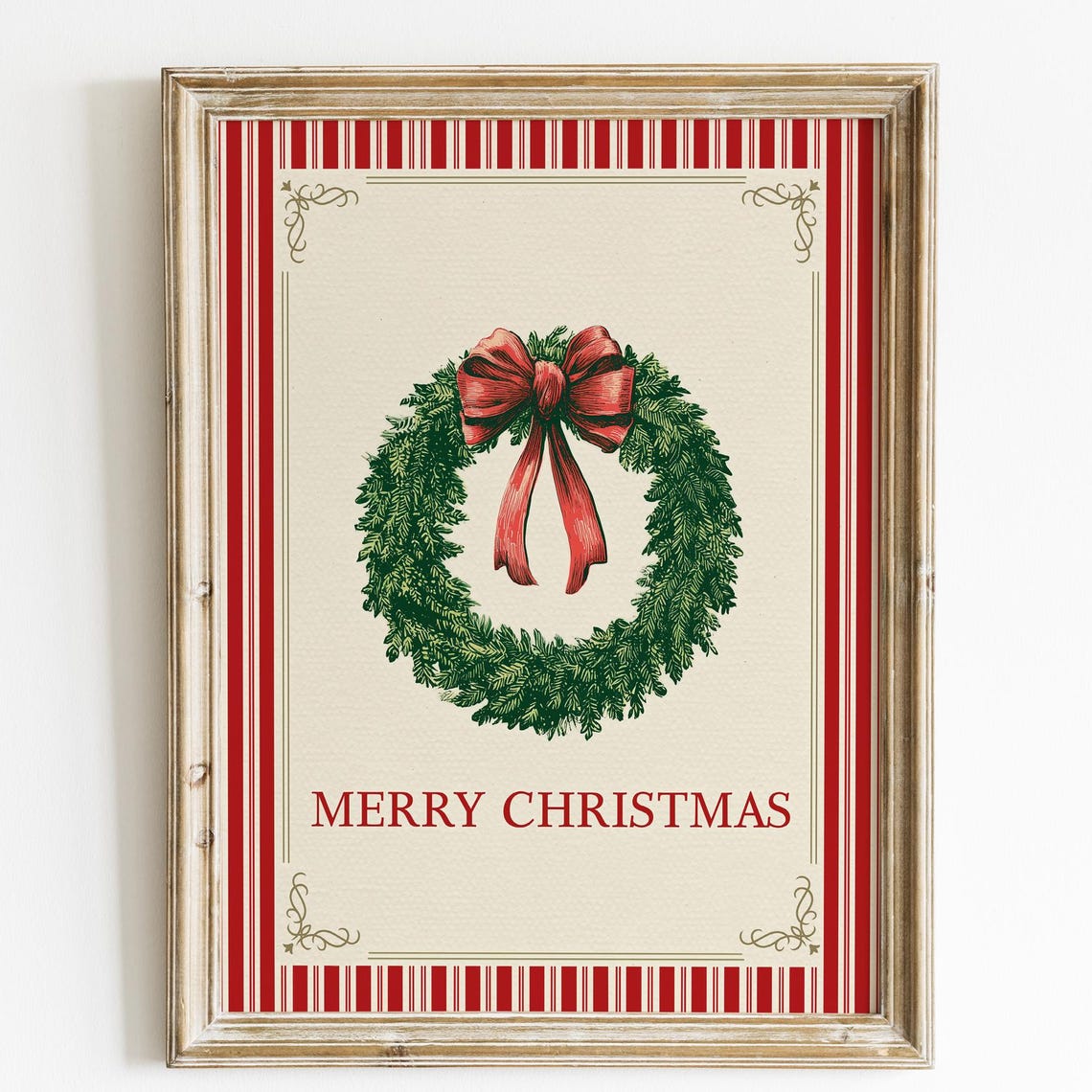 Merry Christmas Wreath Vintage Poster Classic Red Green Holiday Decor