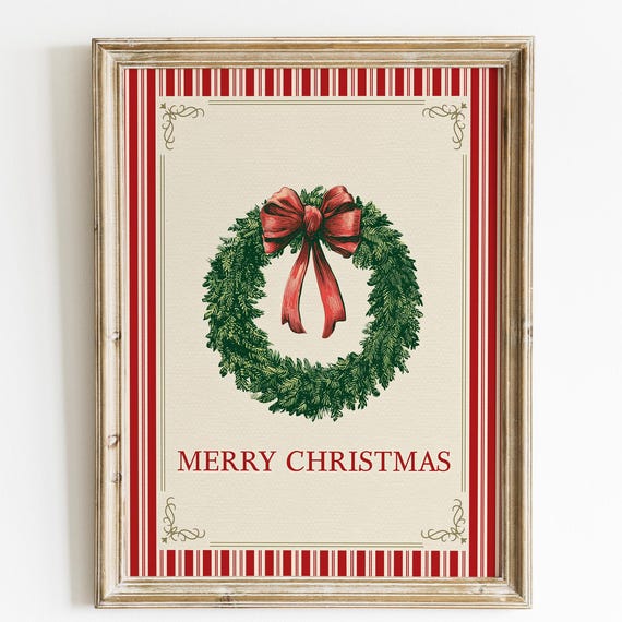 Vintage Christmas Tree Wall Art Print Classic Red And White Holiday Decor Retro Illustration Festive Bow Artwork