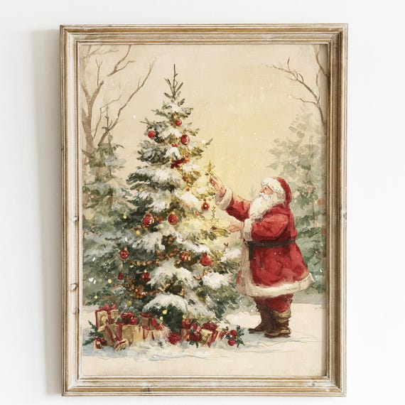 Vintage Santa Decorating Christmas Tree Art Print Classic Holiday Wall Decor Cozy Illustration Festive Claus Painting