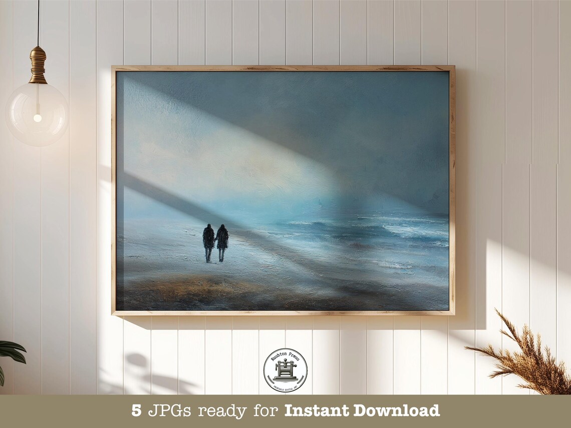 Couple Walking Misty Shore Soft Blue Seascape Minimalist Romantic Art Print