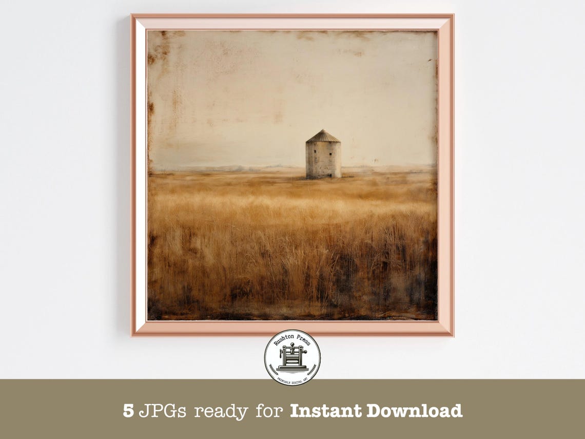 Lone Stone Silo In Golden Wheat Field Minimalist Rustic Print