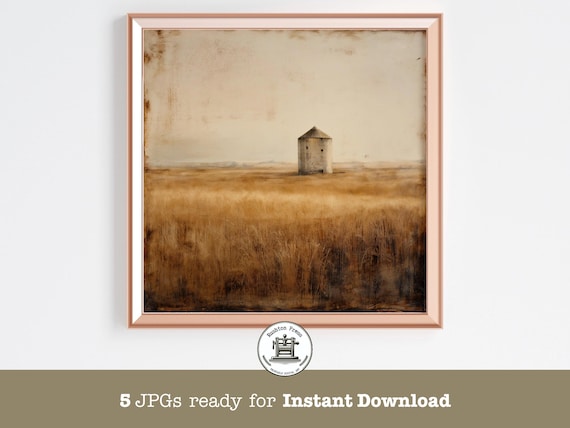 Lone Stone Silo In Golden Wheat Field Minimalist Rustic Print