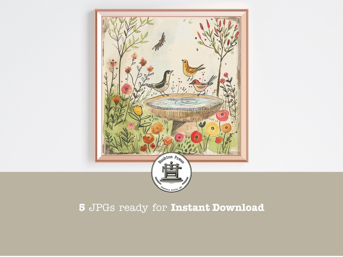 Garden Birdbath Watercolor Whimsical Songbirds Wildflowers Poster