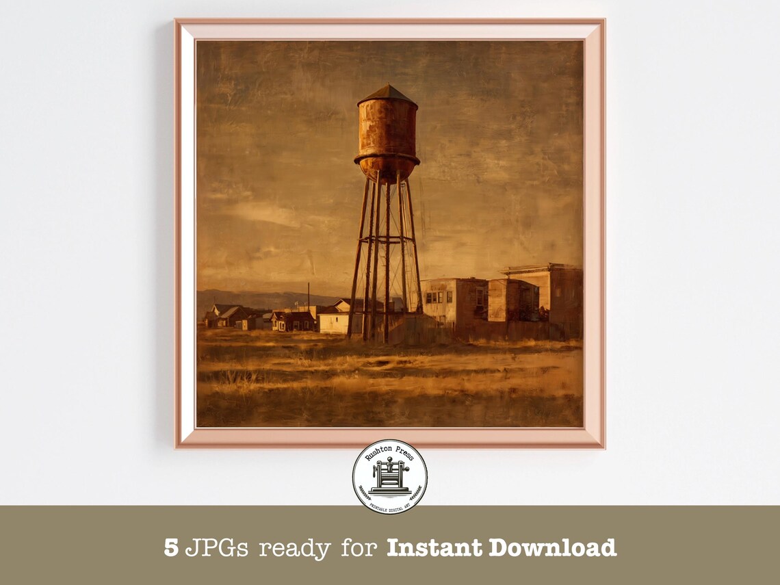 Rusty Water Tower Over Dusty Small Town Golden Hour Art Print