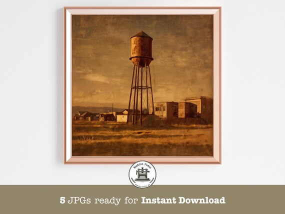 Rusty Water Tower Over Dusty Small Town Golden Hour Art Print