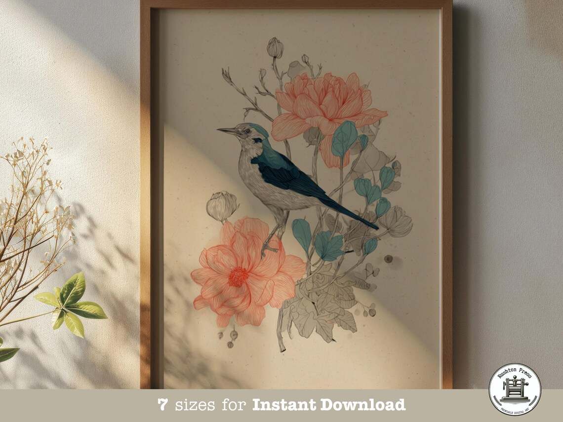 Teal Bird Print Vintage Botanical Art Coral Flowers