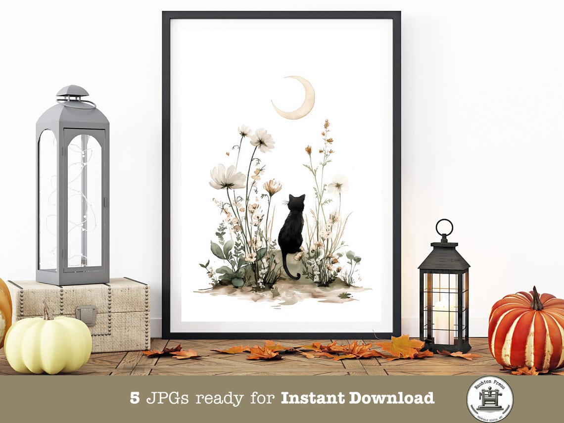 Whimsigoth Black Cat Moon Print Floral Decor In 5 Sizes