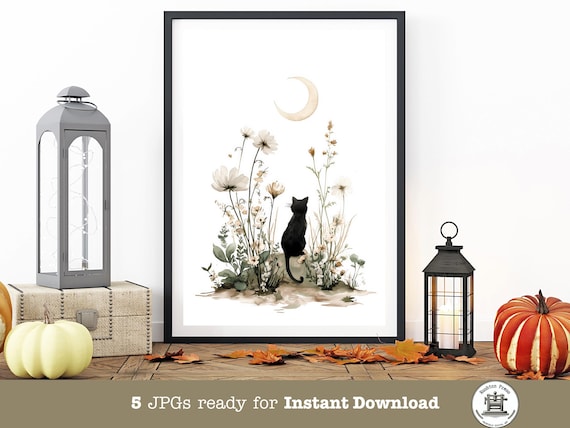 Whimsigoth Black Cat Moon Print Floral Decor In 5 Sizes