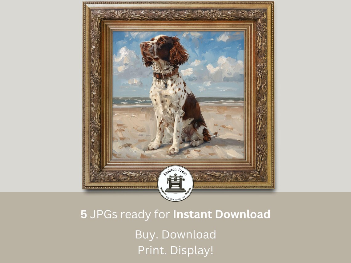 English Springer Spaniel Sitting on the Beach Painting Poster