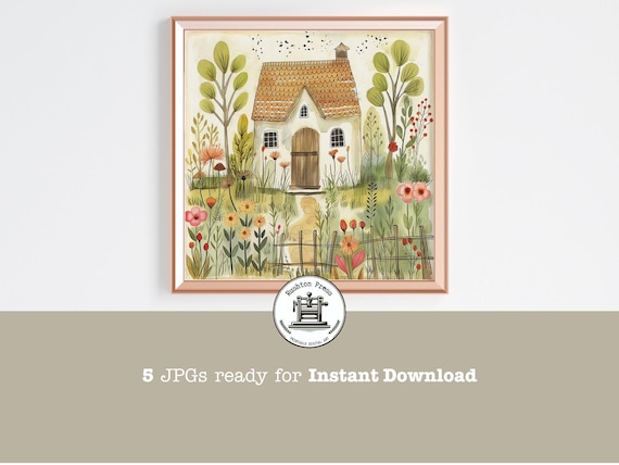 Storybook Cottage Flower Garden Whimsical Folk Illustration Poster
