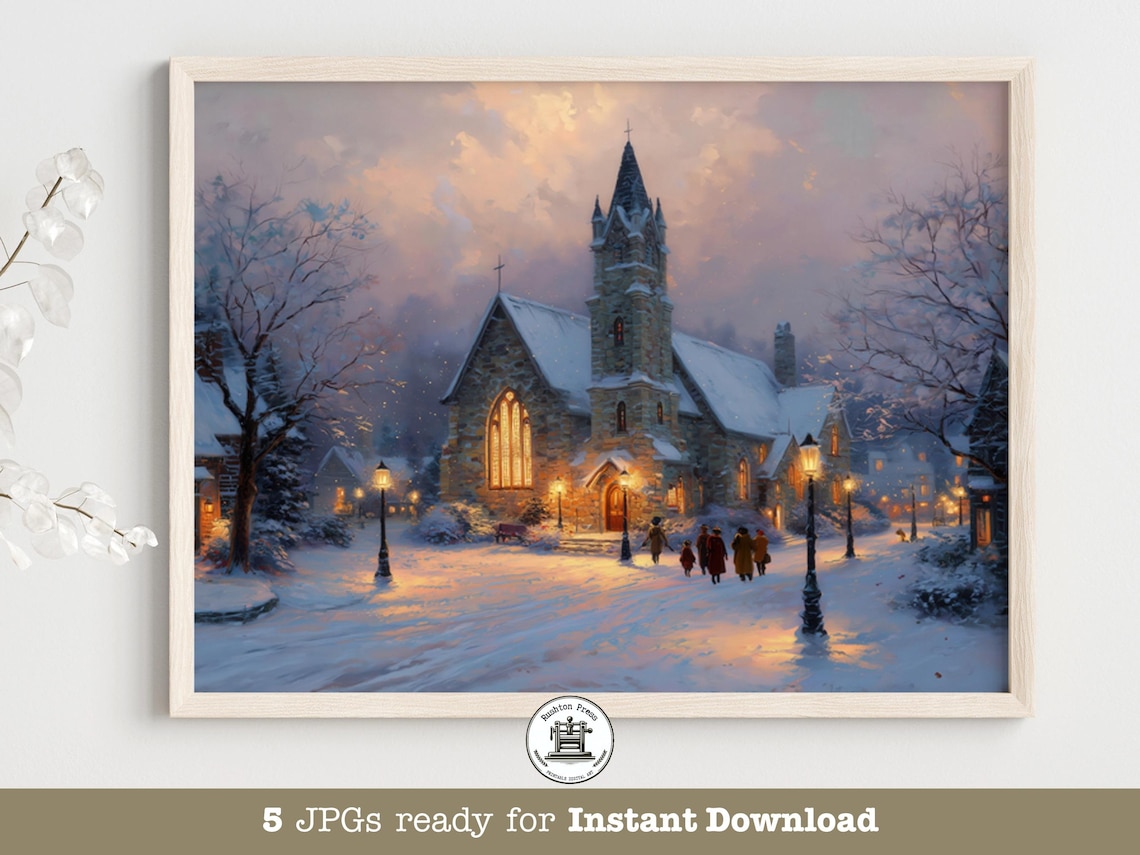 Christmas Eve Church Snowy Village Cozy Glow Night Scene Wall Art