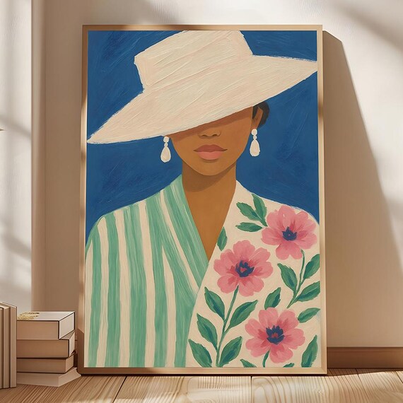 Elegant Lady Wide Brim Hat Floral Dress Blue Portrait Art Poster