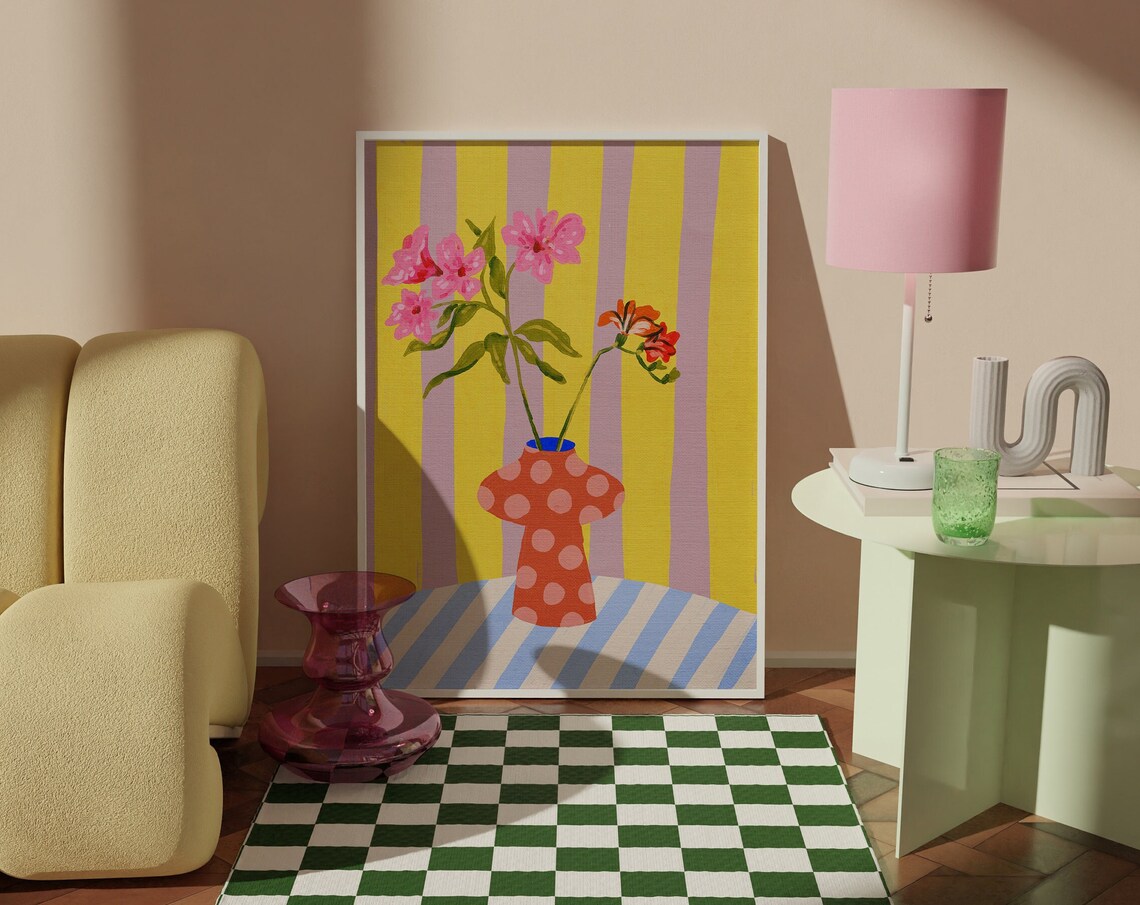 Geranium in Vase Art Print, Abstract Gouache