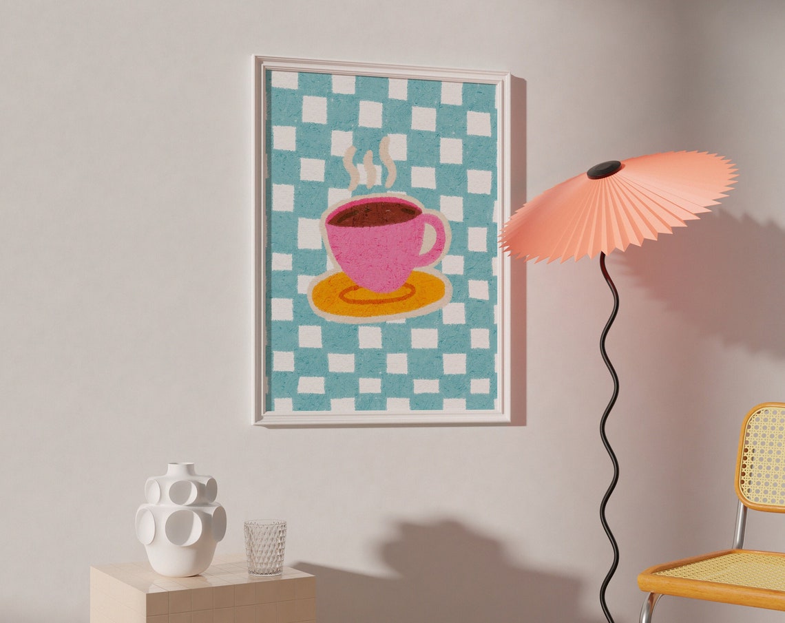 Bold Pink Coffee Cup Checkered Pop Art Retro Kitchen Style Poster