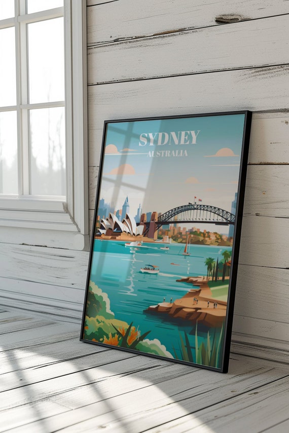 Sydney Harbor Travel Poster Australia Wall Art Print Opera House And Bridge Illustration Work