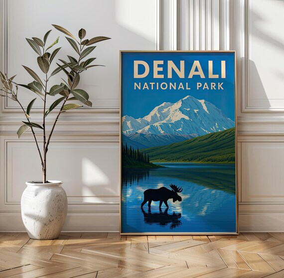 Denali National Park Vintage Travel Poster with Moose and Mountains
