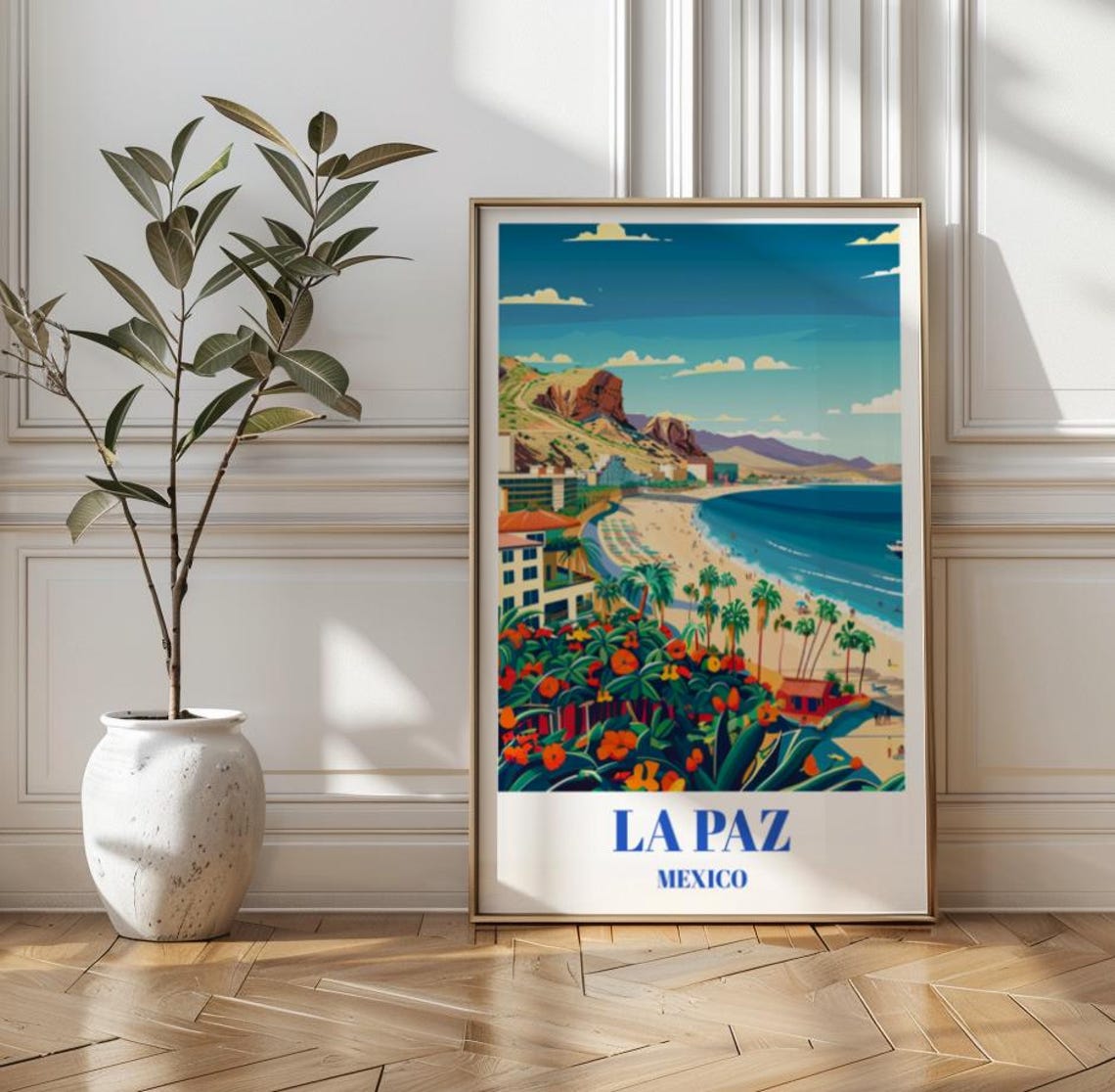 La Paz Mexico Tropical Beach Palms Cliffs Retro Travel Poster
