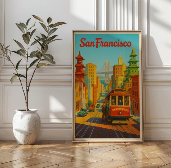 San Francisco Travel Poster Print Style Cable Car Illustration Chinatown Pagoda Bay Bridge Midcentury Street Scene