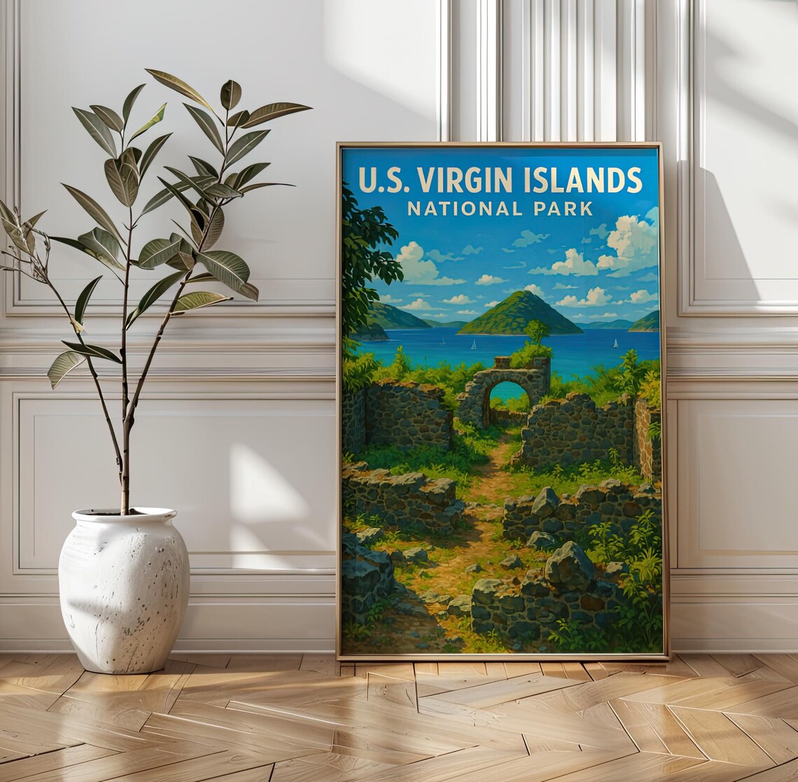 US Virgin Islands National Park Vintage Poster Stone Ruins Tropical Bay Art