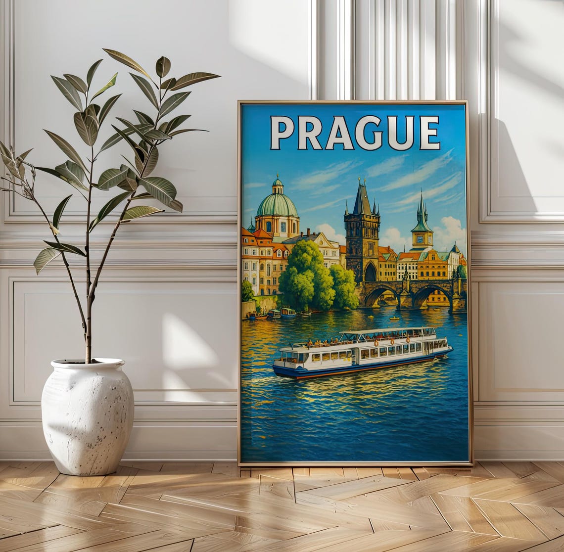 Prague Vintage Travel Poster Charles Bridge Vltava River Boat Scene