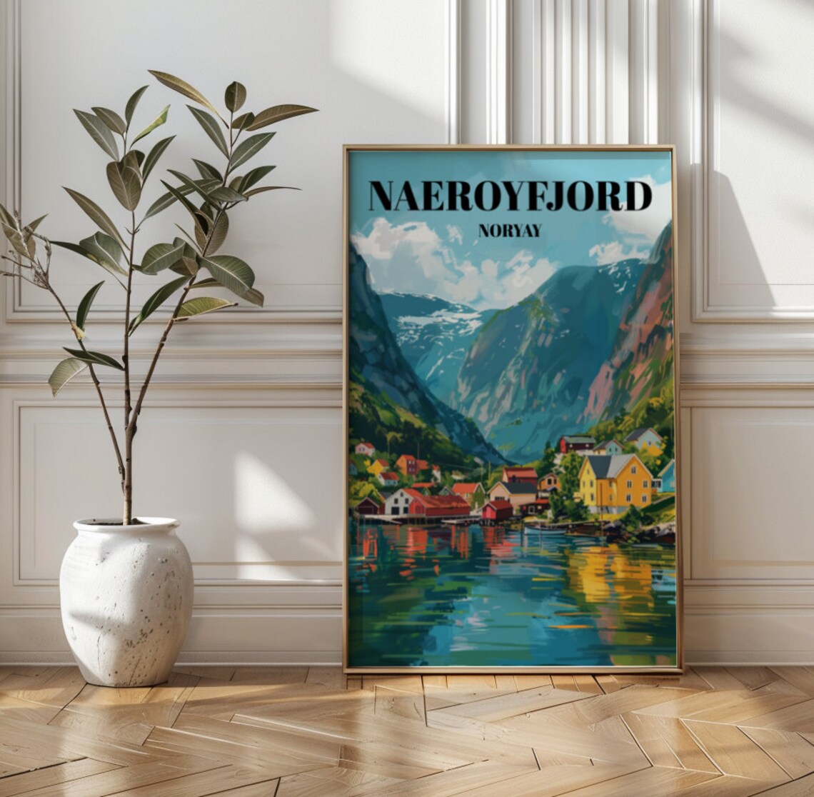 Naeroyfjord Norway Colorful Fjord Village Mountains Travel Poster