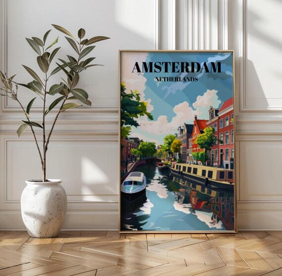 Amsterdam Netherlands Canal Houses Vintage Travel City Art Poster