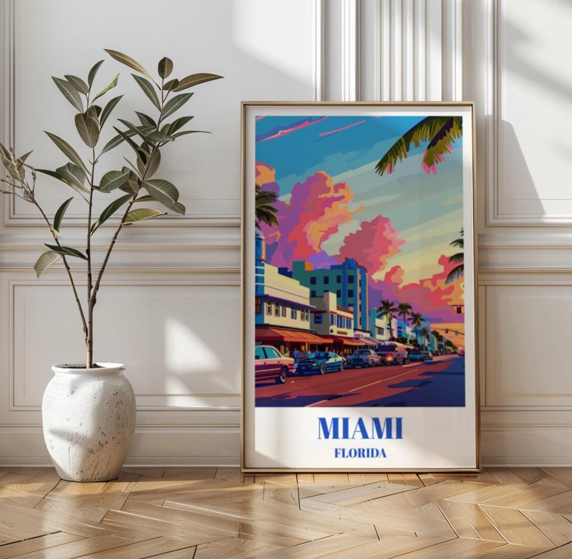 Miami Florida Ocean Drive Art Deco South Beach Vintage Travel Poster