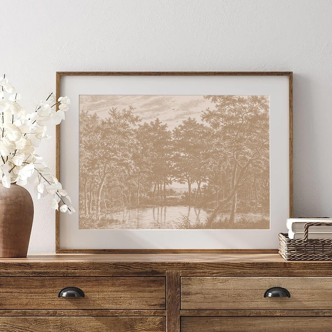 Beige Vintage Forest Lake Landscape Trees Nature Decor Poster